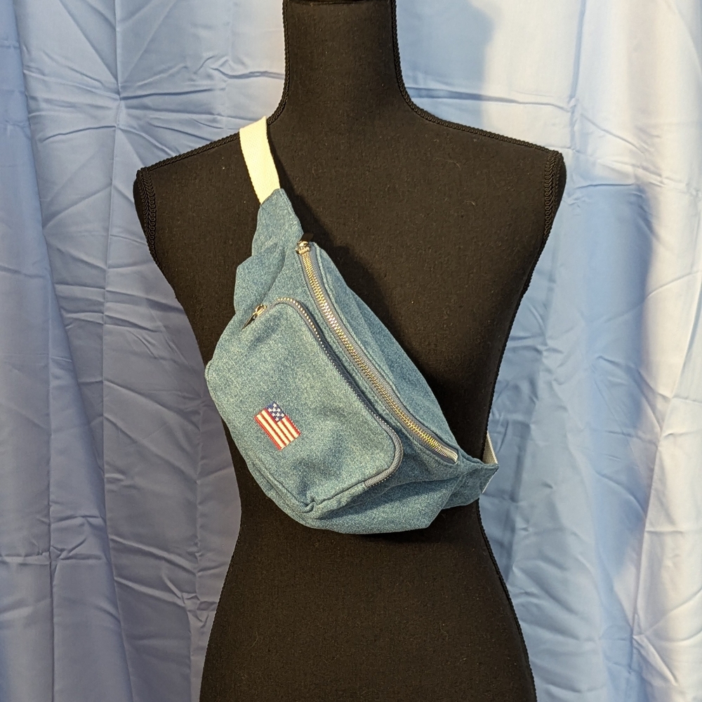 Blue Denim Fanny Pack with American Flag Patch